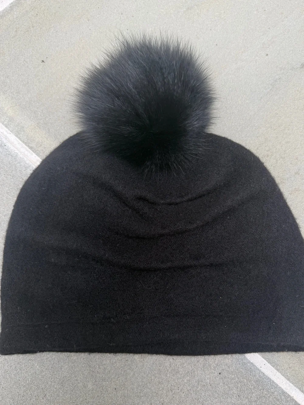 Helene Berman Black Wool Beanie Hat Real Fox Fur Pom Pom Pleated Detail